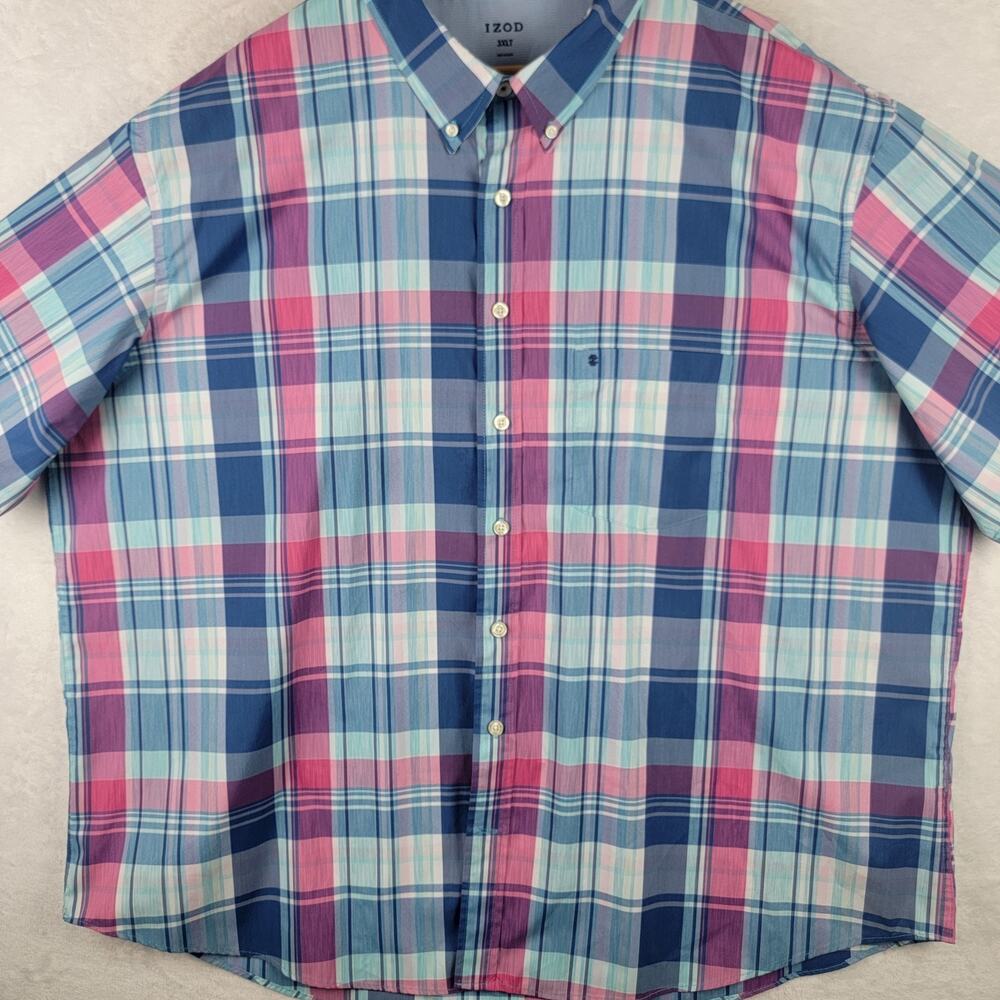 Men Sz 3XLT Short Sleeve Shirt Button Down Collar Blue Pink Plaid Preppy Office
